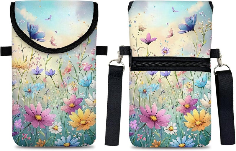 otilil Neoprene Cell Phone Sleeve Pouch Case Bag with Crossbody Strap Neck Lanyard for Women 7.5 X 4.3 in Colorful Flowers - Image 1
